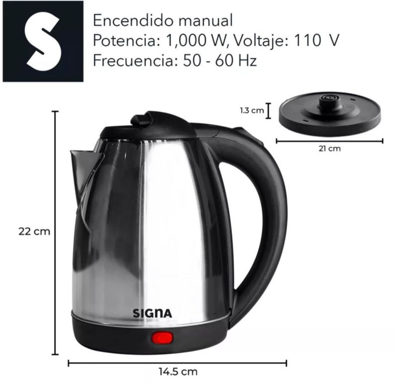 SIGNA Cafetera Hervidor de Agua Eléctrico Tetera Eléctrica Jarra Inalámbrica 1.8 Litros 1000 W Metalica Resistente Hierve agua e