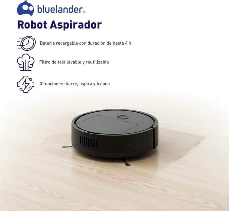 Robot Aspirador 3 en 1 Blulander , Barrer, Aspirar y Trapear, Robot Automática para Piso de Madera, Limpieza Inteligente con Batería de 4 Horas