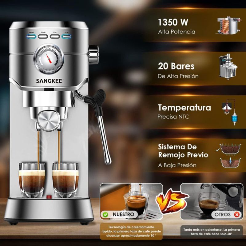 SANGKEE - Cafetera Espresso 20 Bar, Máquina de café espresso con varita espumadora de leche, Compatible con Café Molido/Cápsulas