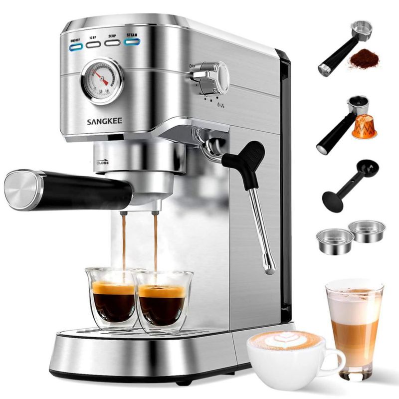 SANGKEE - Cafetera Espresso 20 Bar, Máquina de café espresso con varita espumadora de leche, Compatible con Café Molido/Cápsulas