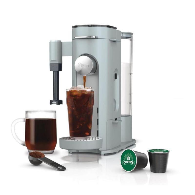 Ninja PB051 Cafetera de cápsulas y café molido - Compatible con cápsulas K-Cup, espumador de leche plegable, depósito extraíble - Color Azul Glaciar