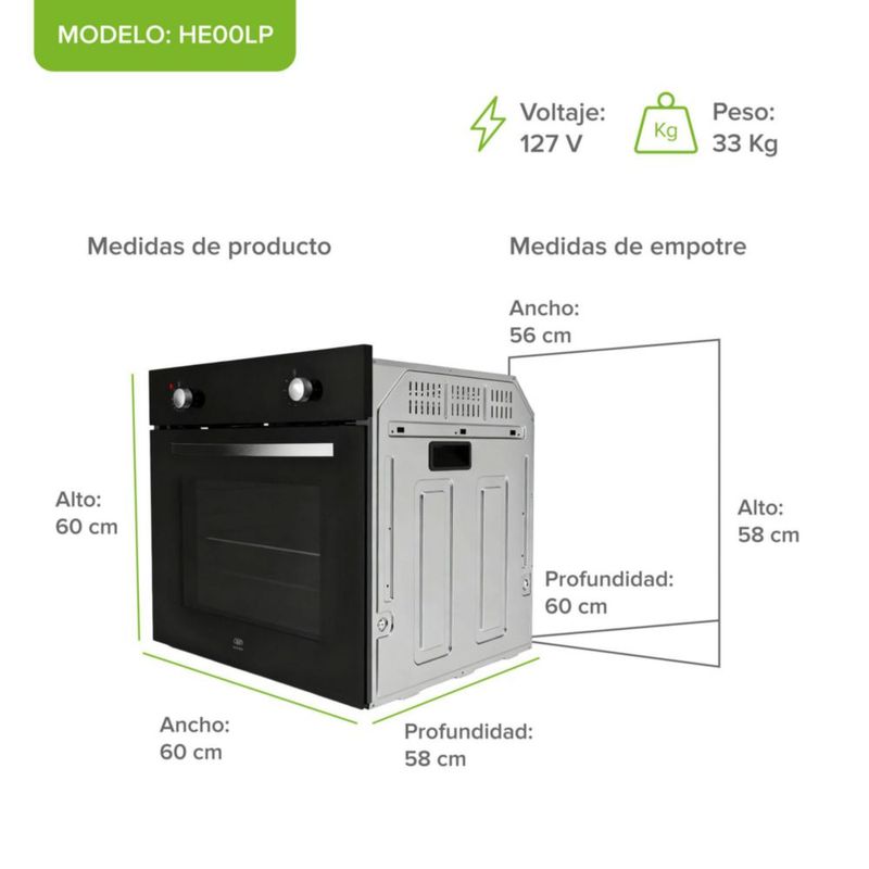 Horno empotrable a gas LP 58 L con 2 perillas de control AVERA HE00LP