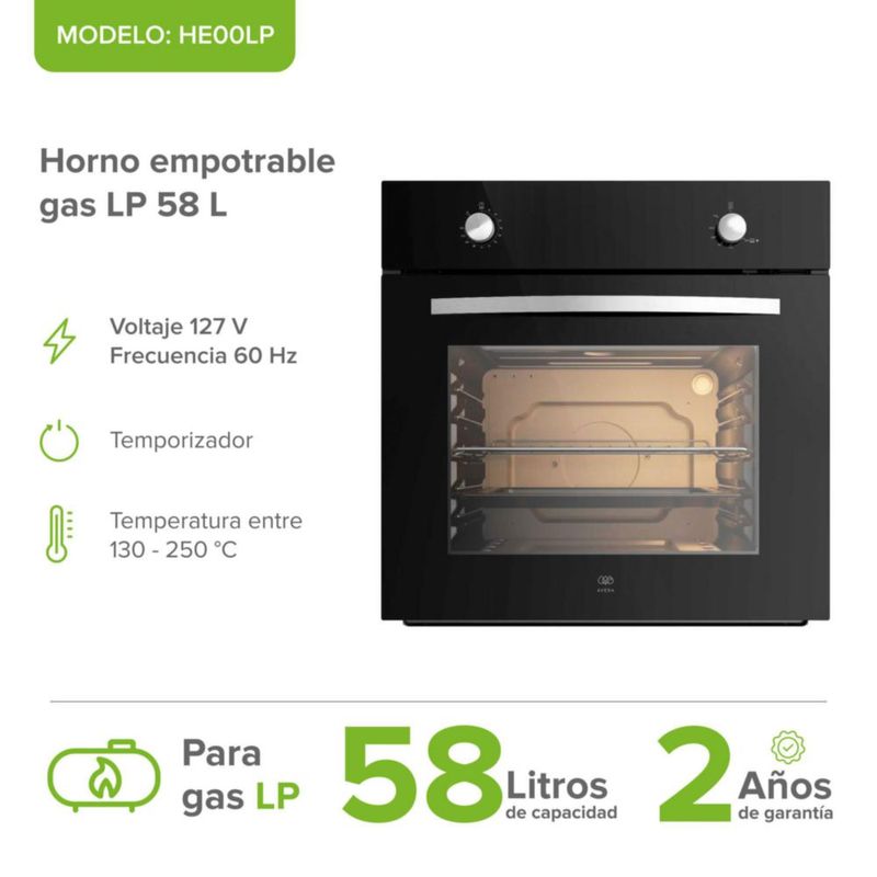 Horno empotrable a gas LP 58 L con 2 perillas de control AVERA HE00LP