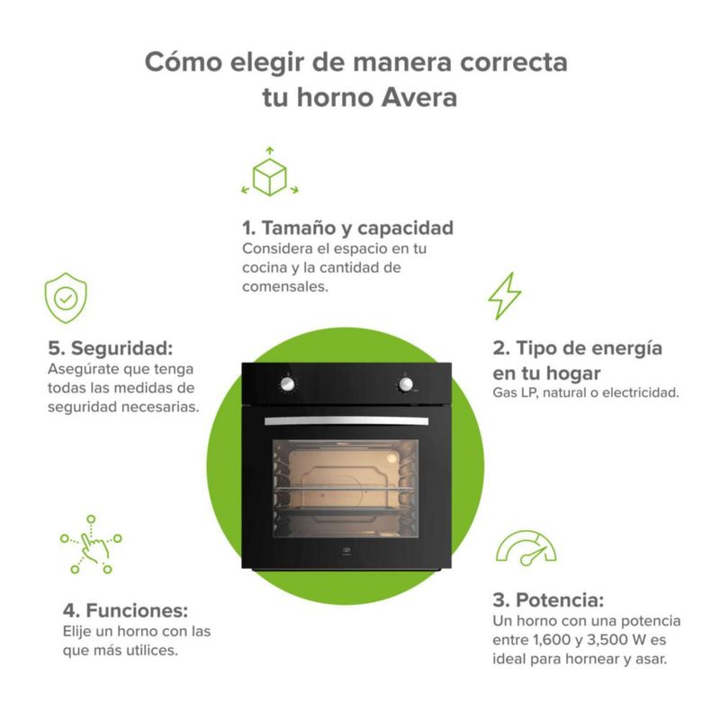 Horno empotrable a gas LP 58 L con 2 perillas de control AVERA HE00LP