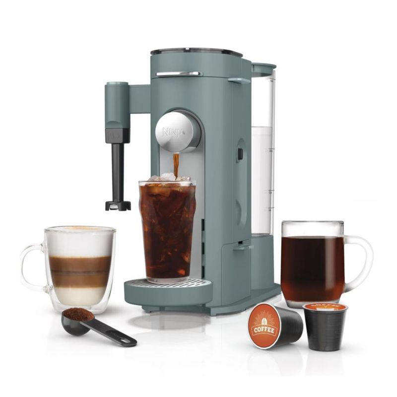 Ninja PB051 Cafetera de cápsulas y café molido - Compatible con cápsulas K-Cup, espumador de leche plegable, depósito extraíble - Color Verde Salvia