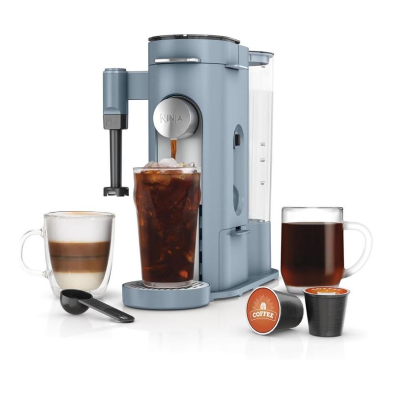 Ninja PB051 Cafetera de cápsulas y café molido - Compatible con cápsulas K-Cup, espumador de leche plegable, con depósito extraíble – Color Azul