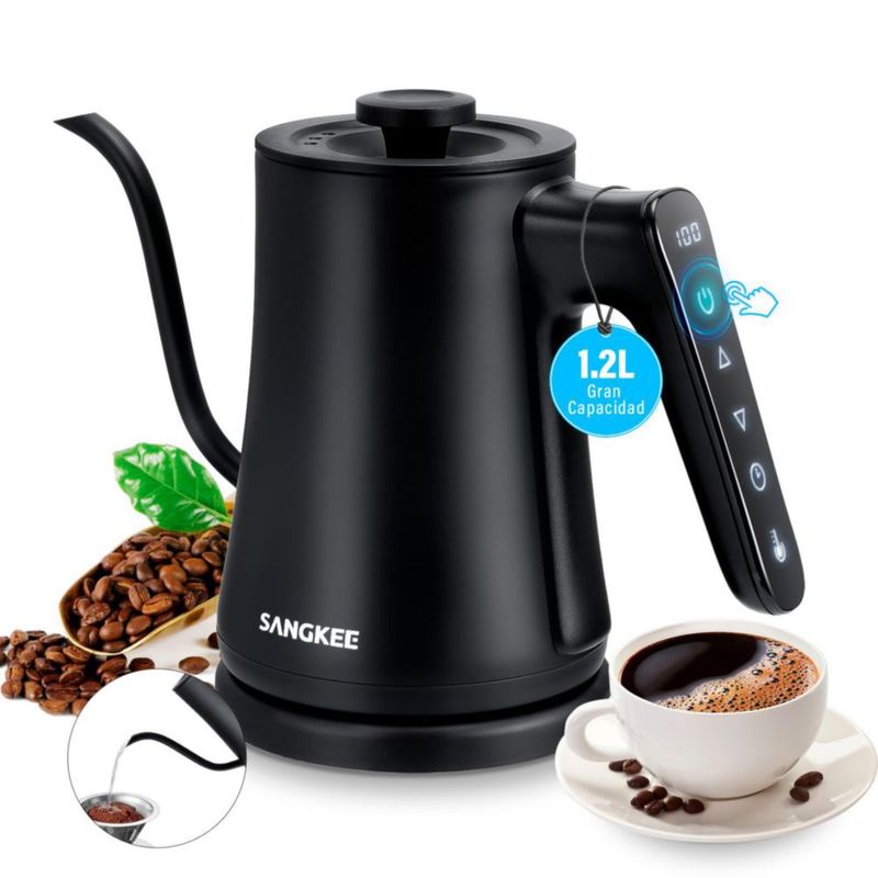SANGKEE Tetera Hervidora Eléctrica de Acero Inoxidable con Cuello de Cisne,1200W Temporizador Control Temperatura,Jarra Portátil