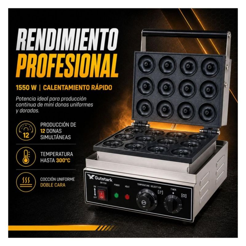 Maquina Donas 12 Piezas Gutstark Industrial Comercial Temperatura Regulable Profesional Negocio Cocina Rapida Antiadherente Resistente Produccion Masa