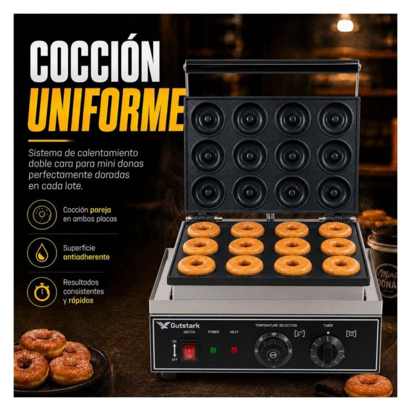 Maquina Donas 12 Piezas Gutstark Industrial Comercial Temperatura Regulable Profesional Negocio Cocina Rapida Antiadherente Resistente Produccion Masa