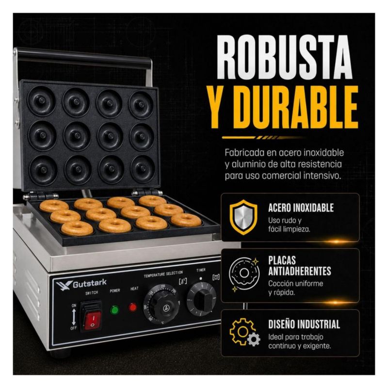 Maquina Donas 12 Piezas Gutstark Industrial Comercial Temperatura Regulable Profesional Negocio Cocina Rapida Antiadherente Resistente Produccion Masa