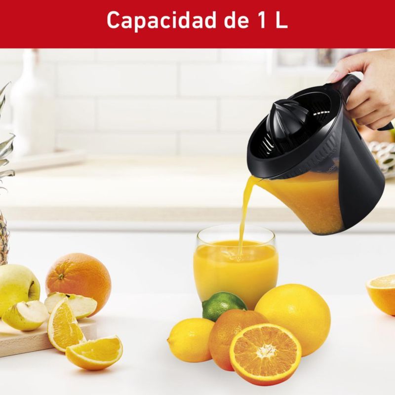 T-fal Exprimidor de Jugo Power Press cuenta con 2 conos removibles y una Jarra de 1 litro con un motor de 40 W de potencia, una