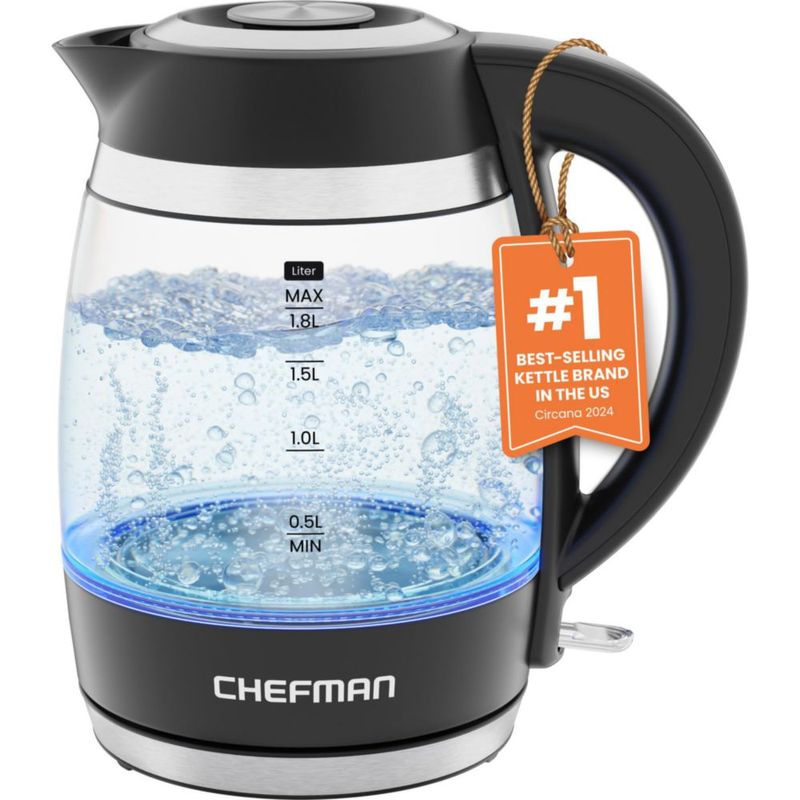 Chefman Hervidor eléctrico para agua hirviendo, 1.8L 1500W, agua caliente en 3 minutos, luces LED, apagado automático, protecció