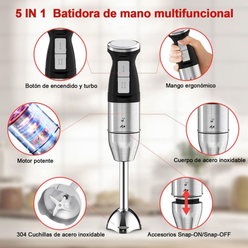 Batidora de Inmersión 5 en 1, Batidora de mano, 4 cuchillas mejoradas, jarra de 800 ml, procesador de alimentos de 500 ml, batid