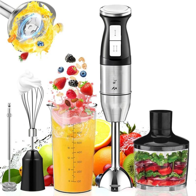 Batidora de Inmersión 5 en 1, Batidora de mano, 4 cuchillas mejoradas, jarra de 800 ml, procesador de alimentos de 500 ml, batid
