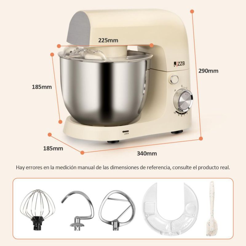 JZZB Batidora de Pedestal Planetaria de 10 Velocidades de 1500 Watts, Tazón de 5 Litros, Cabeza Inclinable, 6 Accesorios Extra I