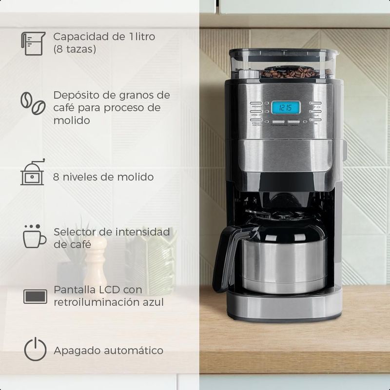 Cafetera y Molino 2 en 1 DAEWOO 1L 8 niveles pantalla LCD