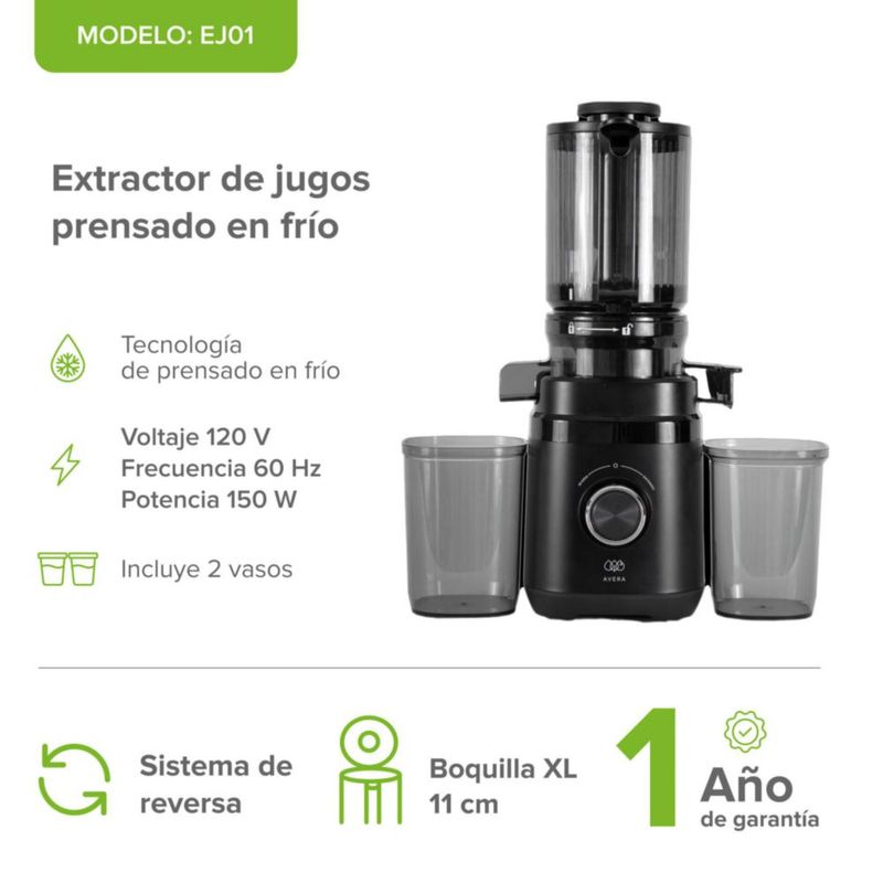 Extractor de jugos prensado en frío sistema de reversa 150W AVERA EJ01