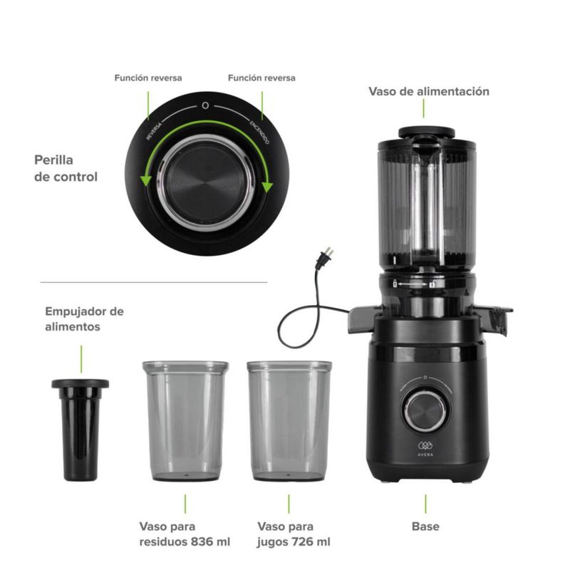 Extractor de jugos prensado en frío sistema de reversa 150W AVERA EJ01