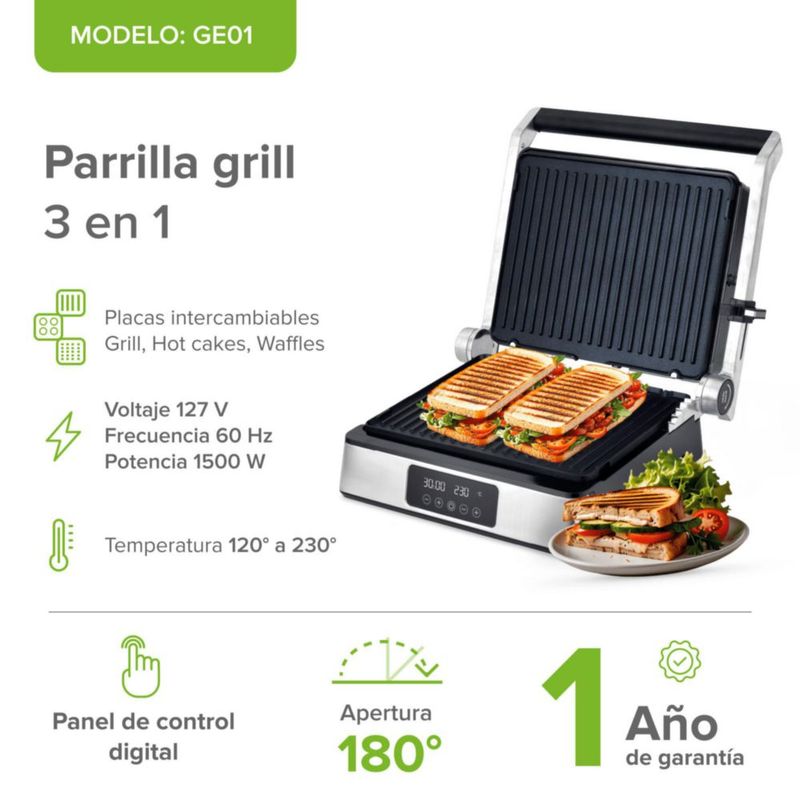 Parrilla grill 3 en 1 con placas intercambiables y apertura 180° AVERA GE01