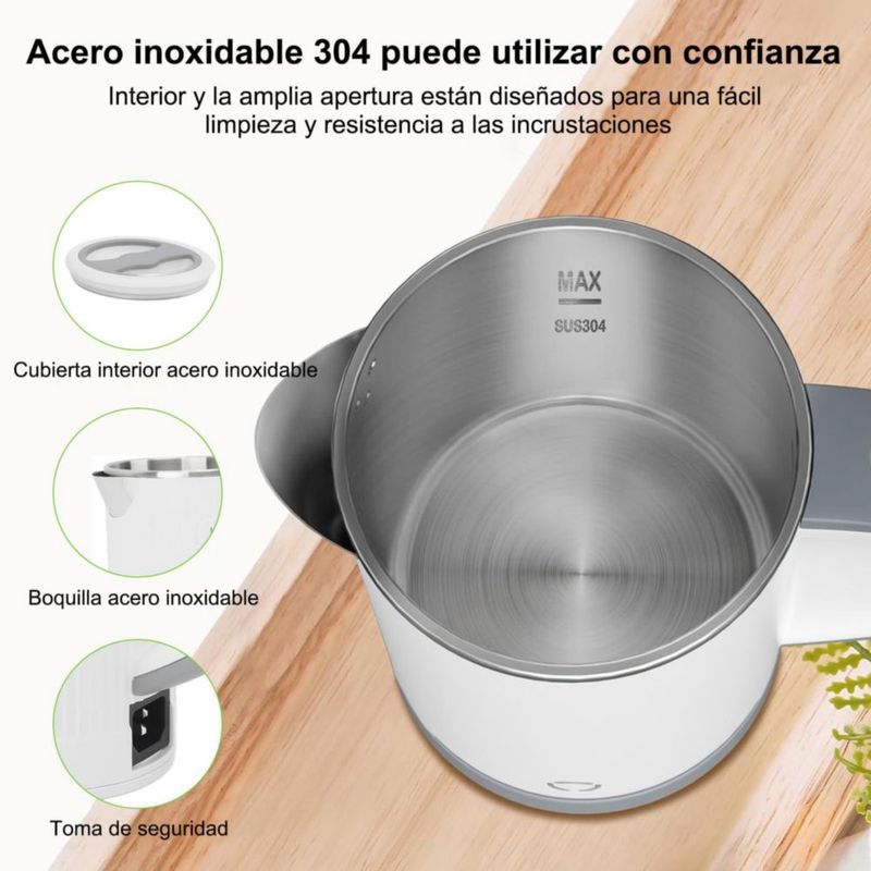 RYEWGRV Tetera Electrica Acero Inoxidable, Hervidor de Agua Electrico Viaje Pequeño 0.8 L, 600 W, Jarra Electrica Hervir Agua Po