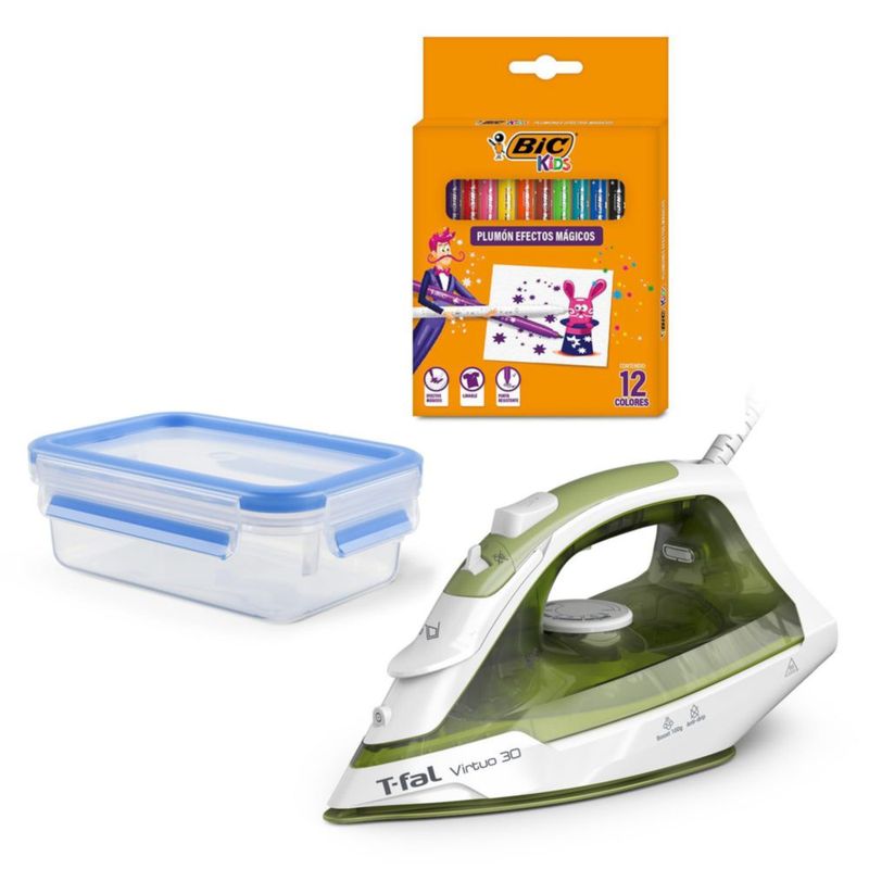 T-Fal Combo Back to School con Plancha de Vapor Virtuo Forest con Suela de cerámica + Recipiente de comida Masterseal con tecnol