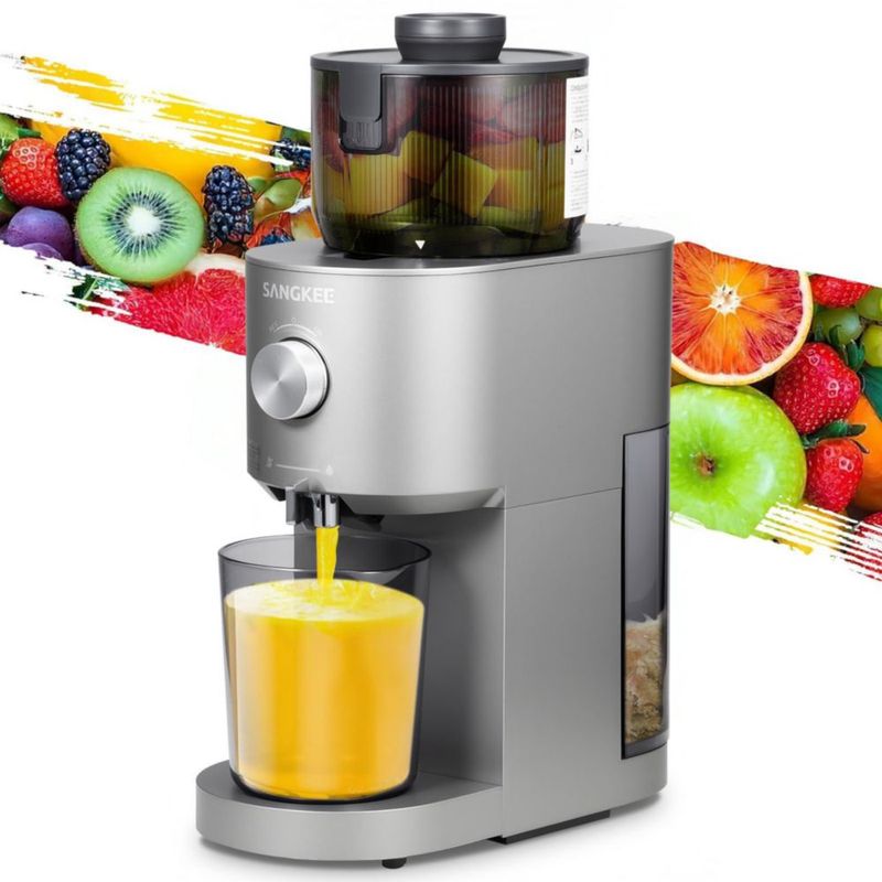 SANGKEE Extractor de Jugo Prensado en Frio, Tubo Alimentación 13cm, Expresador de Jugos Electrico, Apta Frutas/Verduras Enteras,