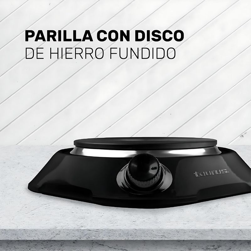 Parrilla eléctrica Taurus Helios con termostato, negro, parilla con disco de hierro fundido, compacta