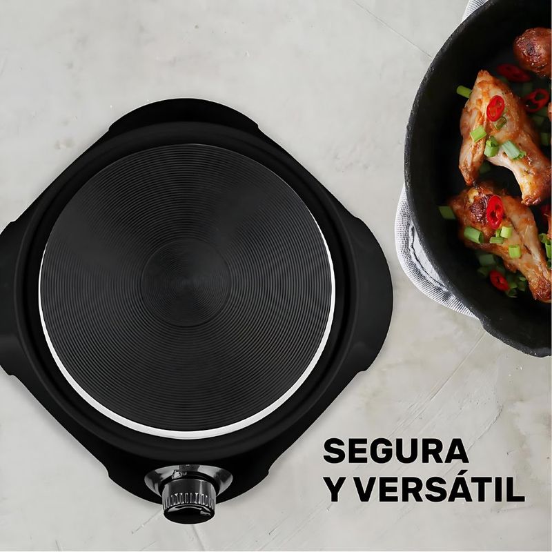 Parrilla eléctrica Taurus Helios con termostato, negro, parilla con disco de hierro fundido, compacta