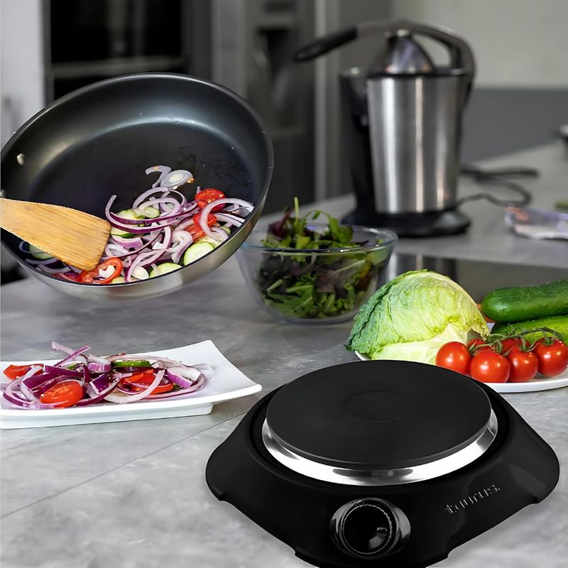 Parrilla eléctrica Taurus Helios con termostato, negro, parilla con disco de hierro fundido, compacta