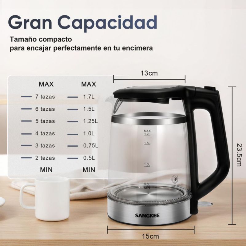 SANGKEE Tetera Eléctrica de Vidrio, Hervidor de Agua Electrico de Té y Café, 1500W Hervido Rápido, Apagado Automático, Protecció