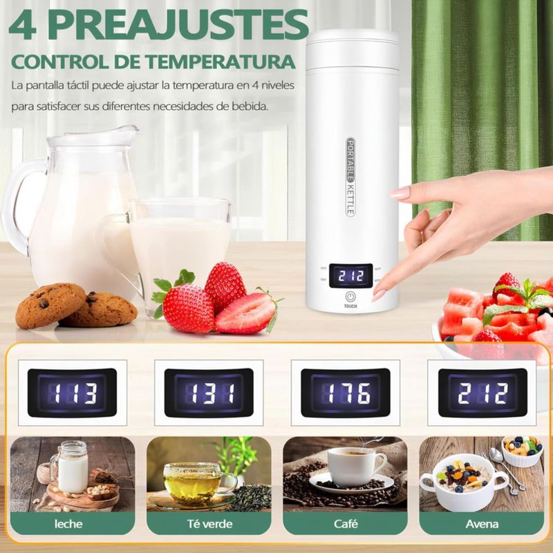Hervidor de Agua Electrico Portatil,500ML Termo Electrico,Control de Temperatura NTC y Protección contra quemaduras en seco,Adec