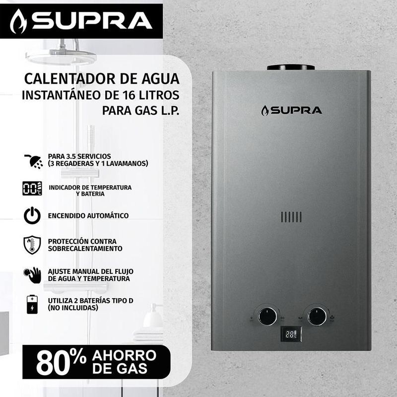 Calentador de agua SUPRA 16 L Gas L.P.