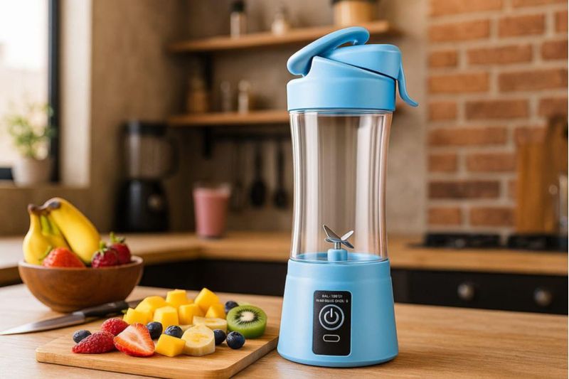 Licuadora Portátil Recargable, 380ml, 23cm de Alto, Vaso Mezclador para Batidos, Color Azul.