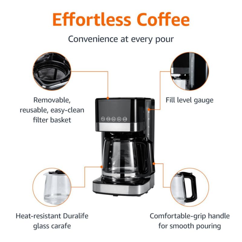 Cafetera de goteo programable Amazon Basics de 12 tazas, con jarra de vidrio (1,9 cuartos), apagado automático, pantalla táctil,