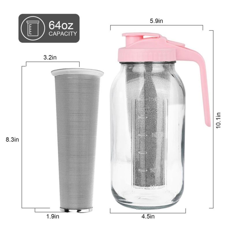 Cafetera de café frío, jarra de boca ancha de 64 oz con filtro de acero inoxidable, tapa con asa y pico vertedor, jarra de vidri