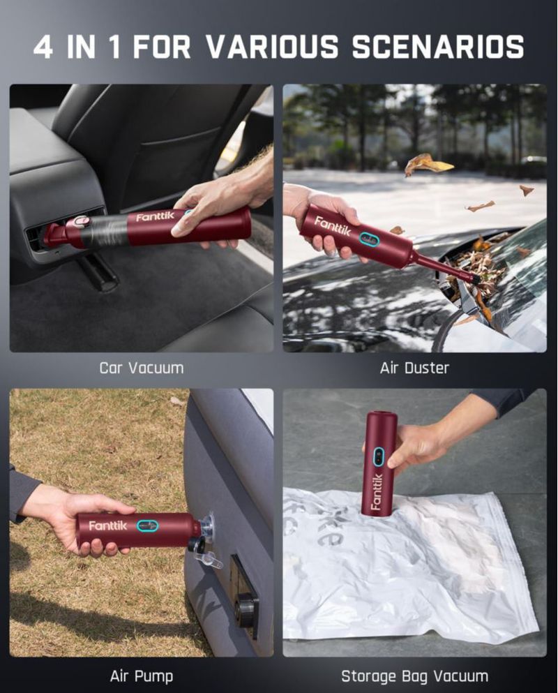 Aspiradora de coche Fanttik Slim V8 APEX, miniaspiradora inalámbrica portátil 4 en 1 con 19 000 Pa de potencia de succión, carga