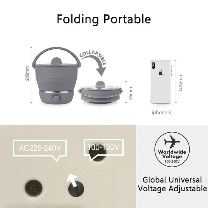 Olla eléctrica plegable Drizzle para viaje, voltaje dual (100 V-240 V), olla de silicona de grado alimenticio, vaporera para agu