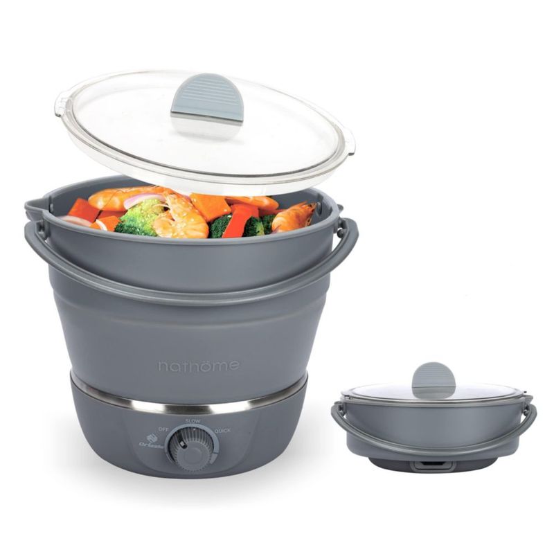 Olla eléctrica plegable Drizzle para viaje, voltaje dual (100 V-240 V), olla de silicona de grado alimenticio, vaporera para agu