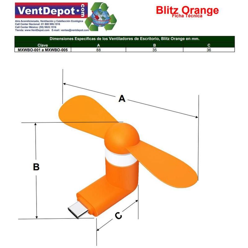 Mini Ventilador Naranja MXWBO-001 BlitzOrange Ventilador Mini Naranja