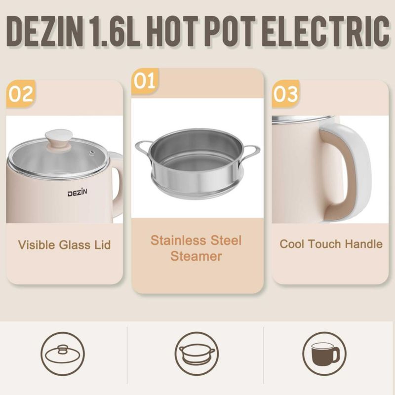 Olla eléctrica Dezin con vaporera, olla rápida para fideos, olla eléctrica de acero inoxidable de 1,6 litros, perfecta para rame
