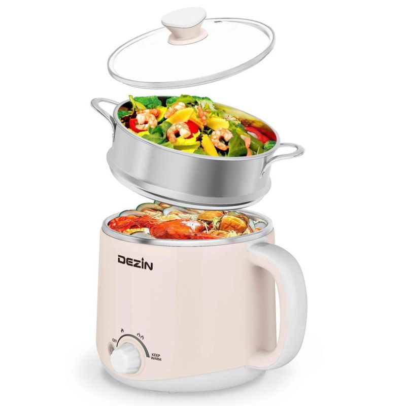 Olla eléctrica Dezin con vaporera, olla rápida para fideos, olla eléctrica de acero inoxidable de 1,6 litros, perfecta para rame