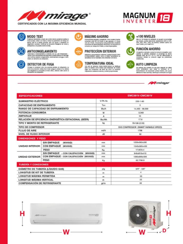 Aire Acondicionado Mirage Magnum 18 Inverter 3 Ton 220v Blanco