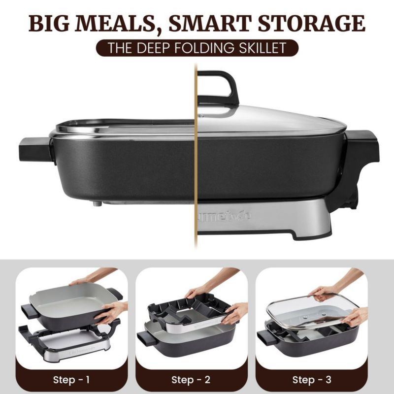 Sartén eléctrica plegable Elite Gourmet EG4403 de 38 x 30 x 7,6 cm, antiadherente de cerámica Ceralast™, 1500 W de calentamiento