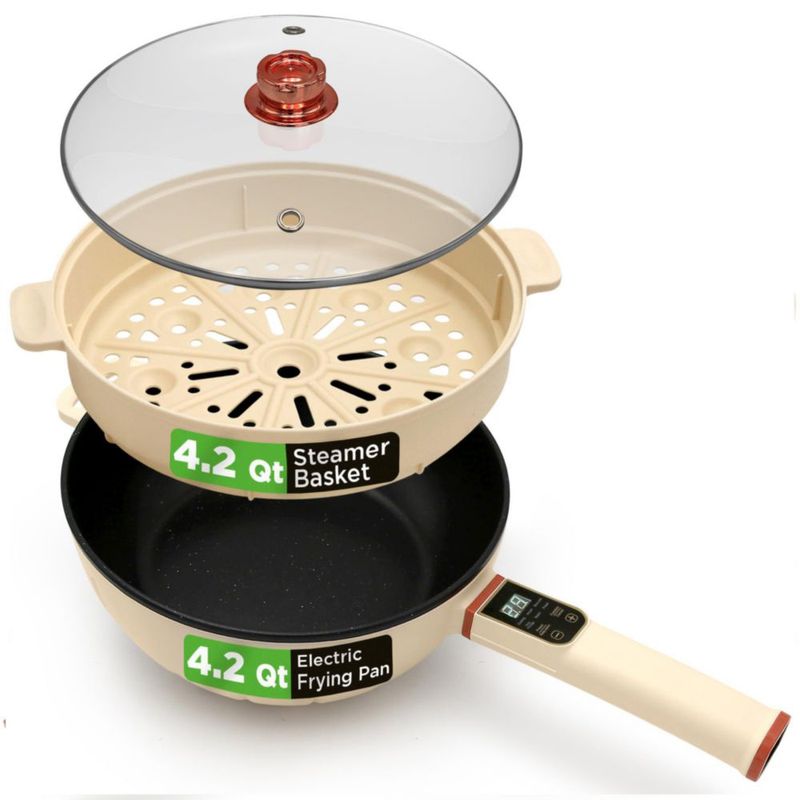 Sartén y vaporera eléctrica NutriChef 2 en 1 de 8 cuartos | Sartén antiadherente portátil para cocinar | Mango resistente y resi
