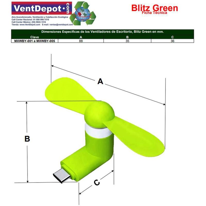 Mini Ventiladores Portatiles MXWBY-003 BlitzGreen Ventilador USB-C Verde