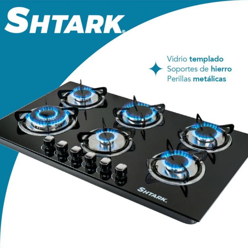 Parrilla A Gas Empotrable 6 Quemadores Vidrio Templado Negro