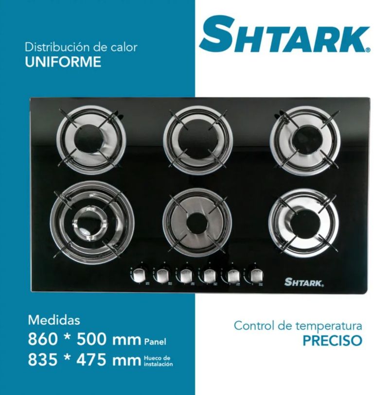 Parrilla A Gas Empotrable 6 Quemadores Vidrio Templado Negro