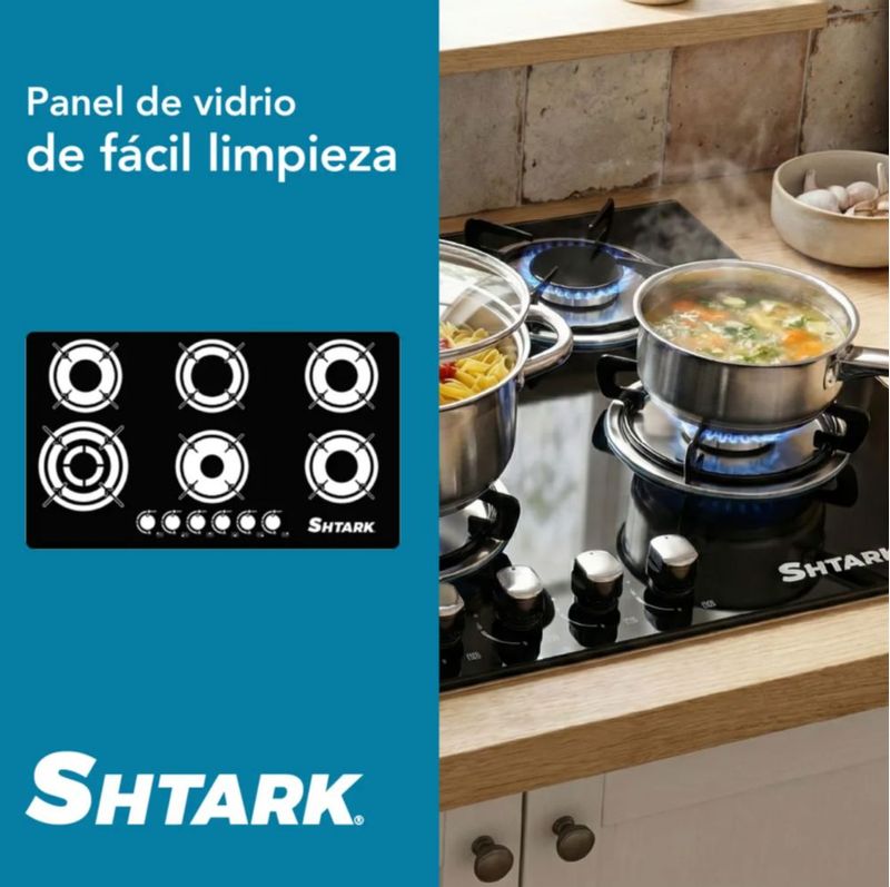 Parrilla A Gas Empotrable 6 Quemadores Vidrio Templado Negro