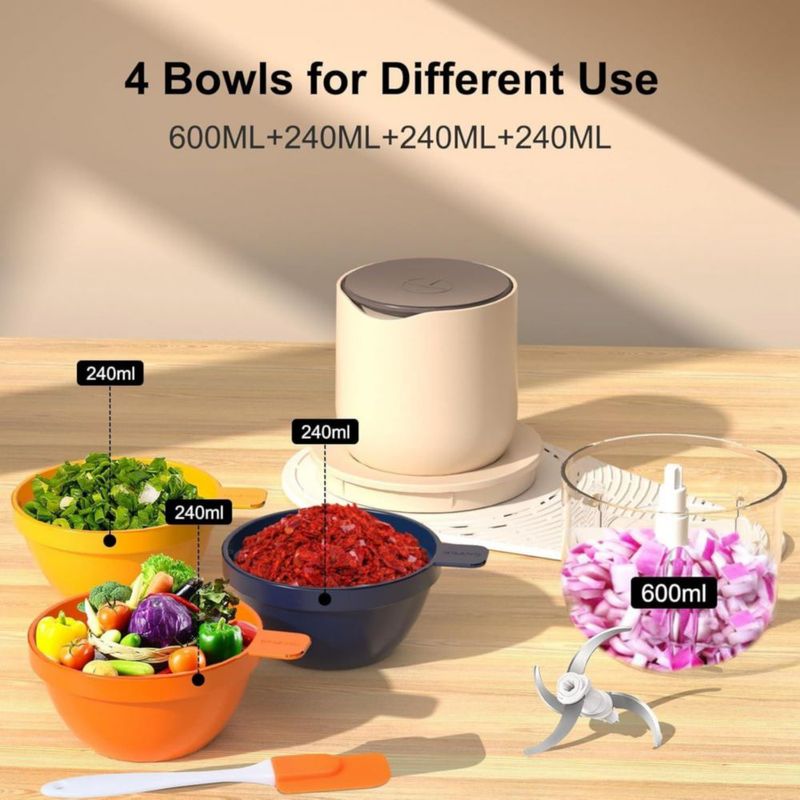 Procesador de alimentos eléctrico con carga USB - 600 ml con 3 recipientes adicionales de 240 ml | Licuadora, picadora de verdur