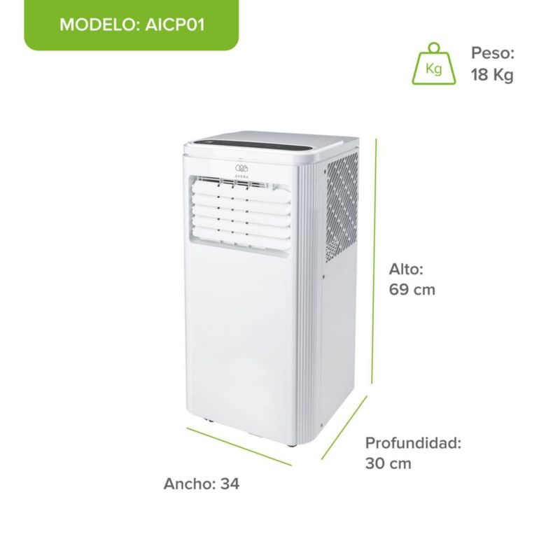 Aire acondicionado portátil 3 en 1 Enfriador, Ventilador y Deshumidificador Cobertura 16 m2 Control Remoto 115v Avera AICP01